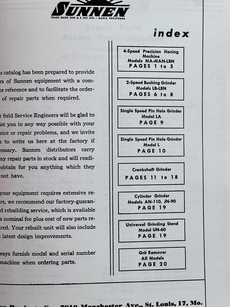 sunnen lbn repair parts manual